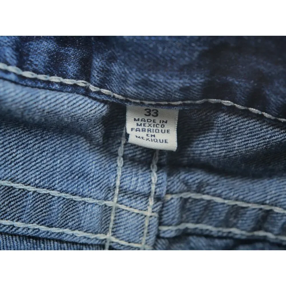 True Religion Straight Nat Jeans Men 33x34 MMD800TS Blue Thick Stitch Faded Wash